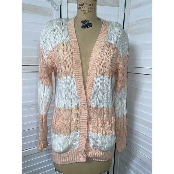VINTAGE 80s Hunters Run Sweater Women’s White Peach Cardigan Ramie Cotton Medium - Picture 1 of 9